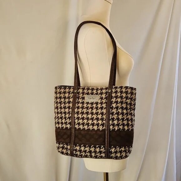 🍒 Longaberger Brown & Cream Houndstooth Mini Tote - Picture 1 of 7